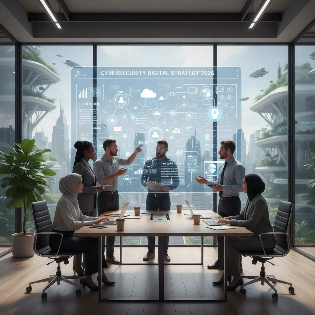 A diverse group of professional cybersecurity consultants and IT managers in a modern, glass-walled conference room in 2026,