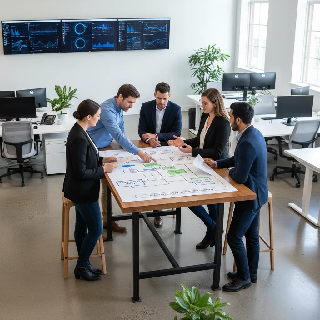A team of software engineers and compliance officers in a brightly lit, open-plan modern office, standing around a high-top t