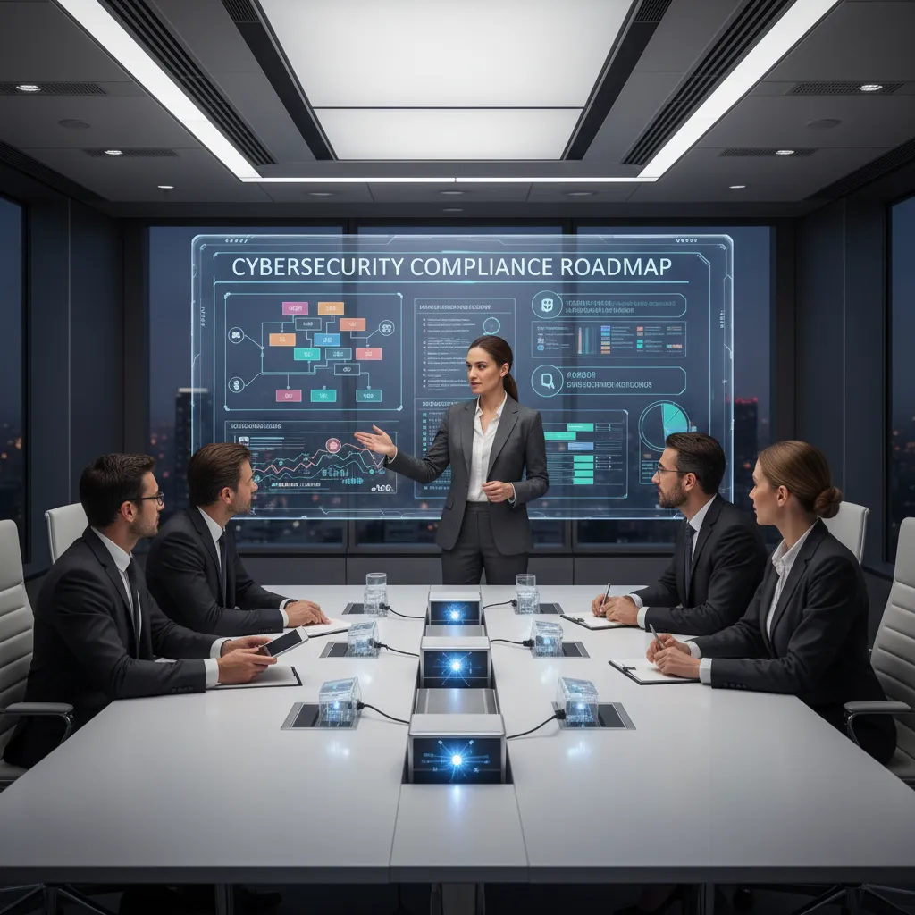 A professional business meeting scenario where a Chief Information Security Officer CISO is presenting a compliance roadmap