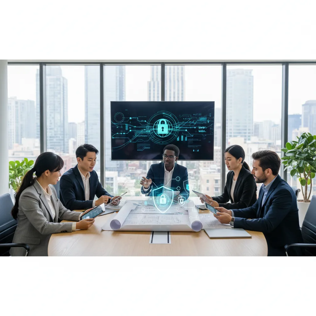 A professional team of diverse IT experts and legal consultants in a modern, glass-walled office, collaborating over tablets