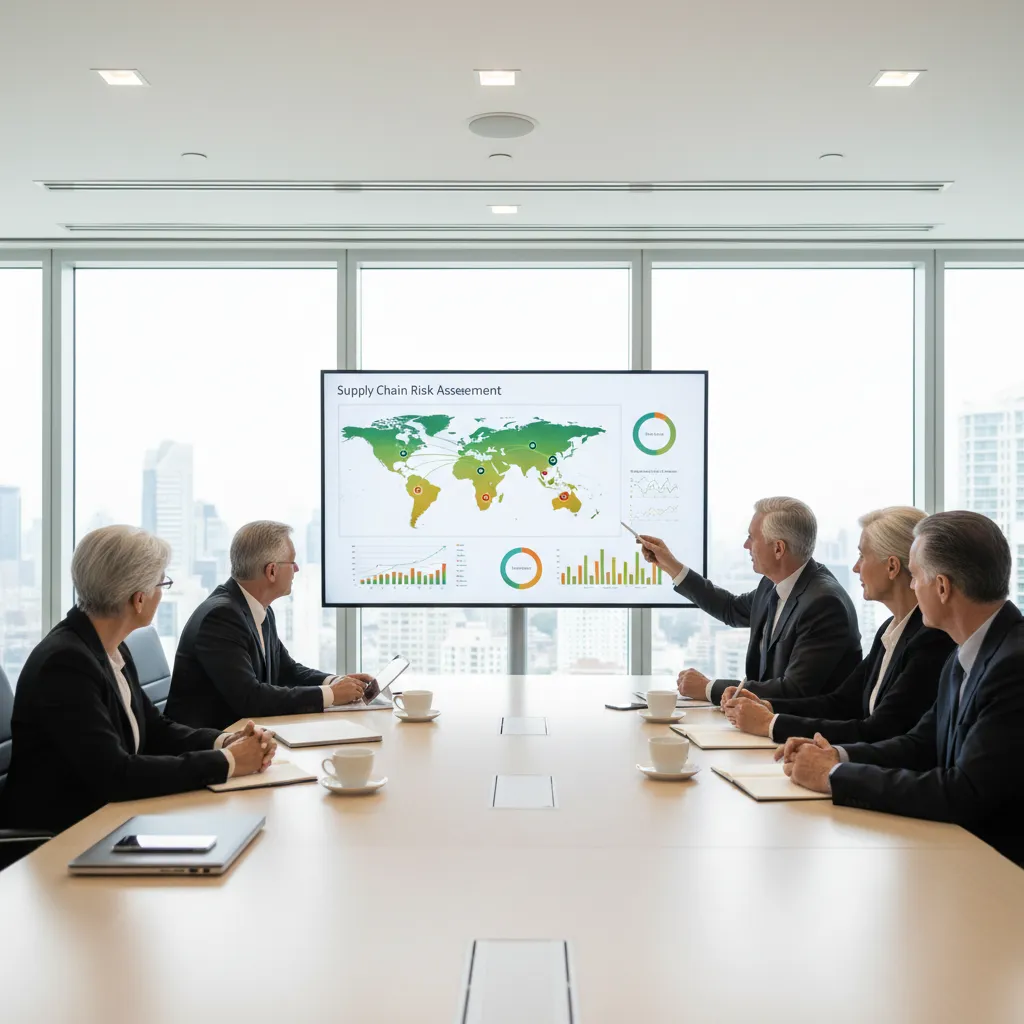 A business meeting in a bright, modern conference room where senior executives are reviewing supply chain risk assessments on