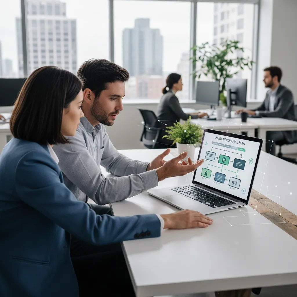 Two colleagues in a modern office environment, one pointing at a laptop screen while discussing a flowchart for an incident r