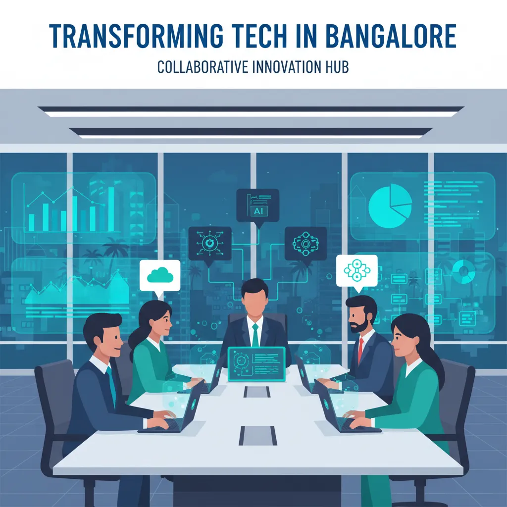 A diverse team of IT professionals in a high-tech Bangalore office, collaborating around a large conference table with laptop