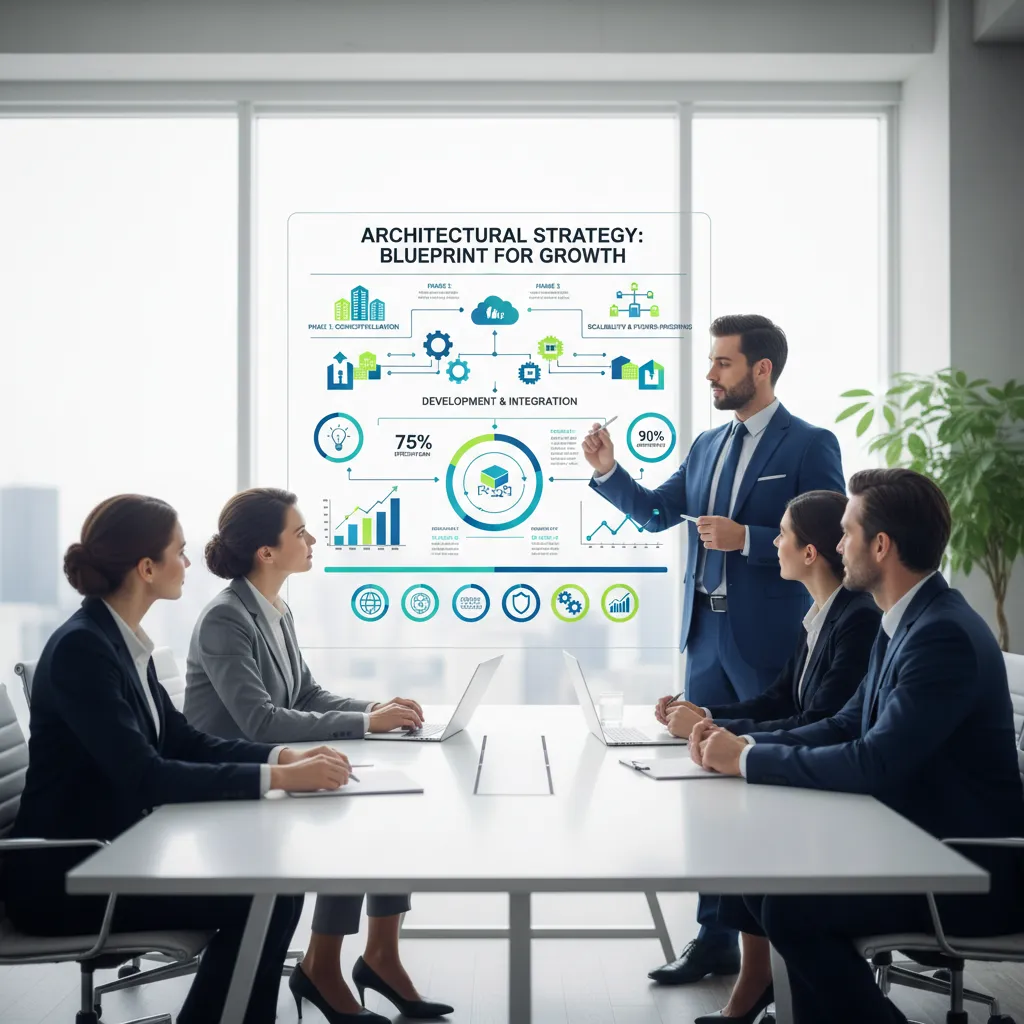 A professional business meeting in a bright, modern office setting where a consultant is explaining architectural strategy to