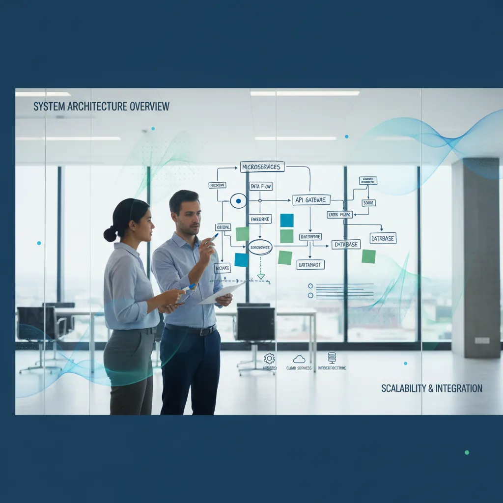 Two tech leads in a minimalist office environment standing by a glass wall, discussing system architecture with sticky notes