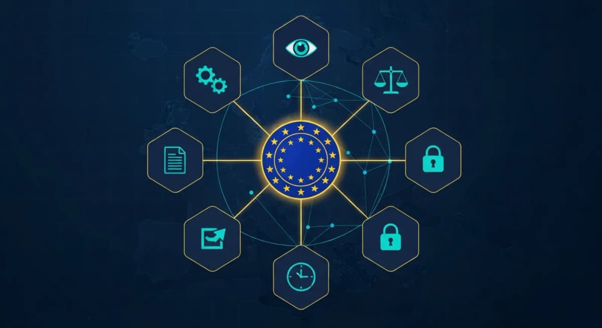 GDPR:s sju grundprinciper visualiserade som hexagonala noder kring en central skyddssköld.