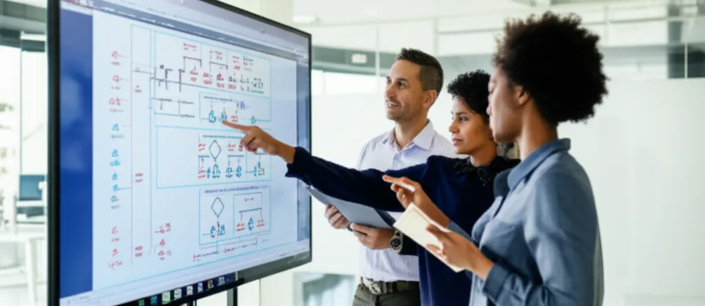 A professional photo of a diverse team collaborating around a large monitor in a modern office environment, discussing IT pro