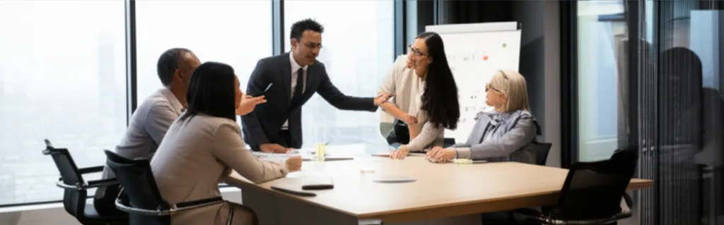 A professional photo of a business meeting taking place in a modern conference room, with diverse participants discussing IT