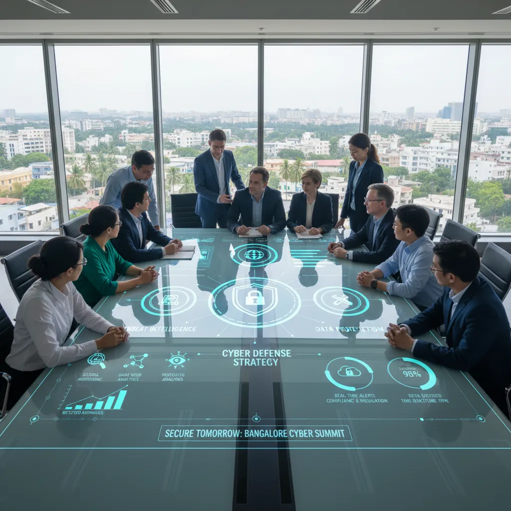 A modern, glass-walled office in Bangalore where a diverse team of cybersecurity professionals is engaged in a focused strate