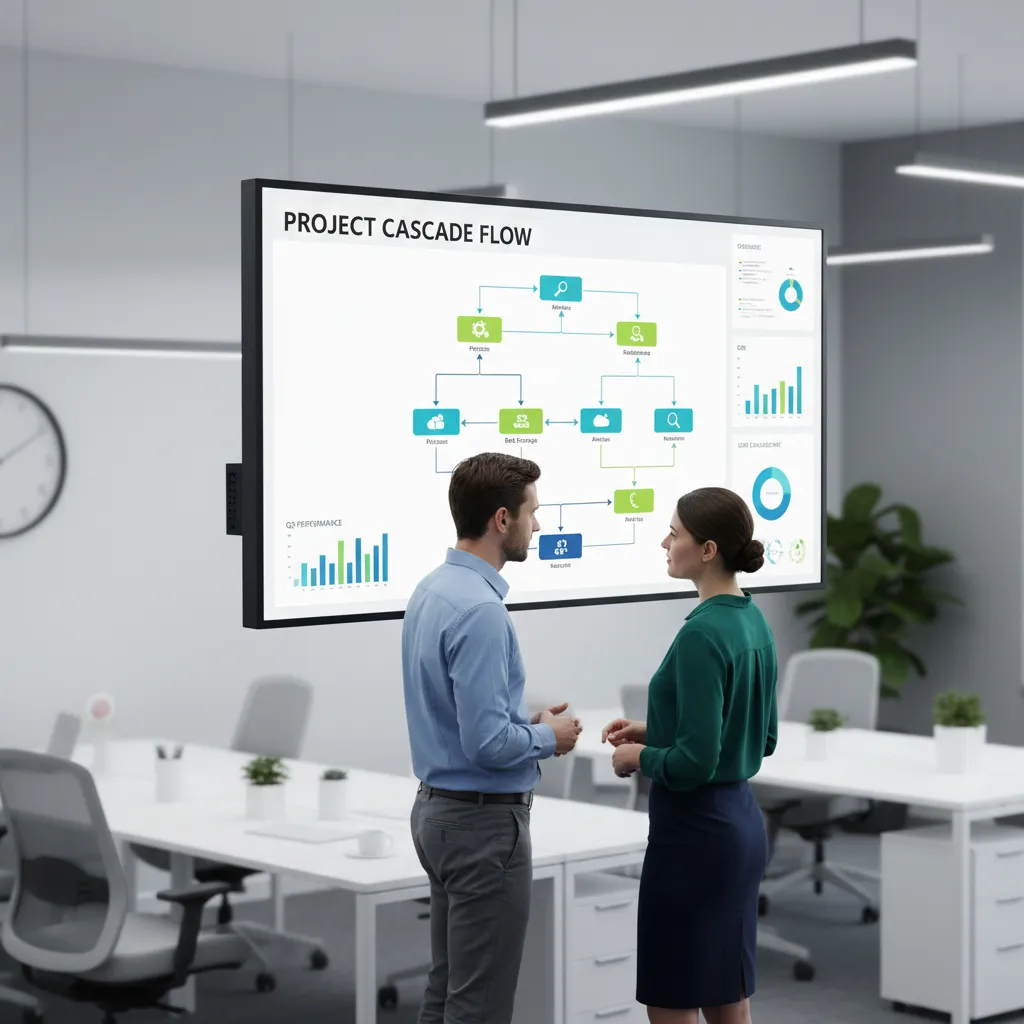 A collaborative office scene showing two tech professionals in business-casual attire discussing a complex flowchart on a lar