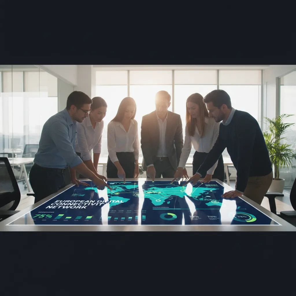 A diverse team of professionals in a modern, sunlit office collaborating over a large touchscreen display showing a map of Eu