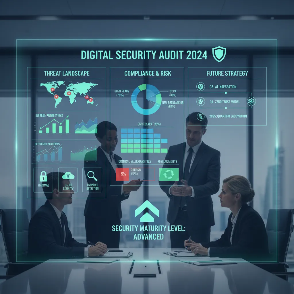 A professional business meeting in a high-tech conference room where executives are reviewing a digital security audit on a g