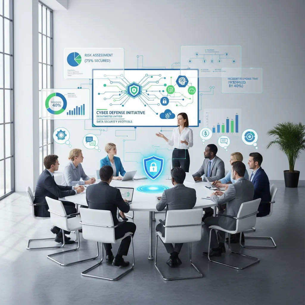 A group of employees from various departments sitting in a bright, modern office space, participating in an interactive cyber