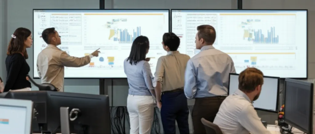 A team of IT professionals collaboratively analyzing network diagrams and performance metrics on large screens in a modern, w