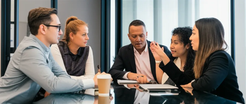 Professional photo of a diverse team collaborating in a modern office environment, showing engagement and discussion.