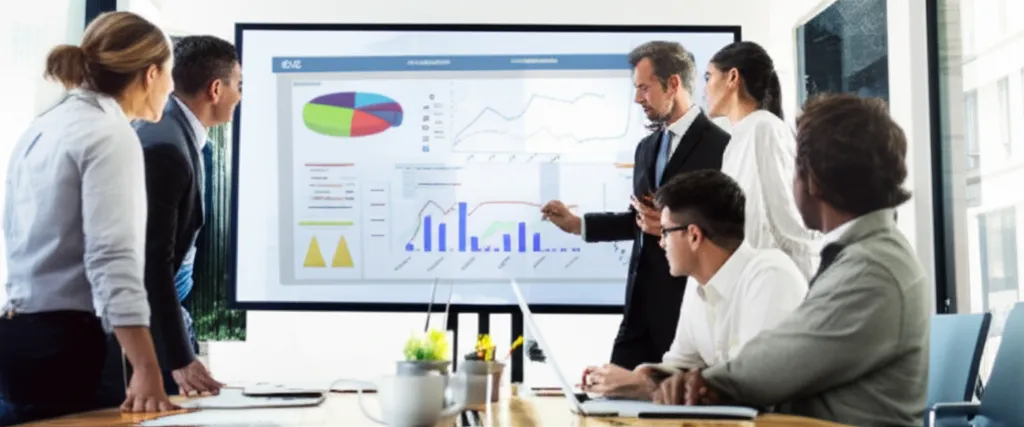 Professional photo of people in a business meeting, looking at a screen displaying data or a project plan, demonstrating stra