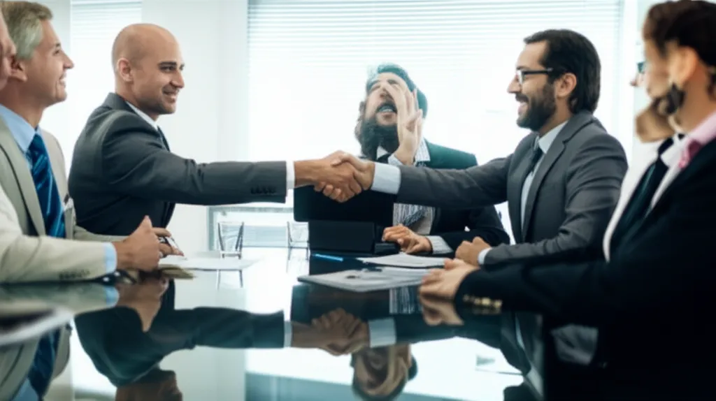Professional photo of a group of business people shaking hands or collaborating around a table, symbolizing partnership and a