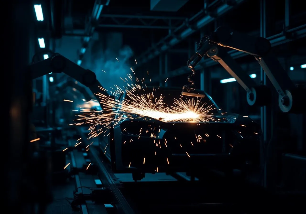 Robotic welding on an automotive body panel with sparks under inspection