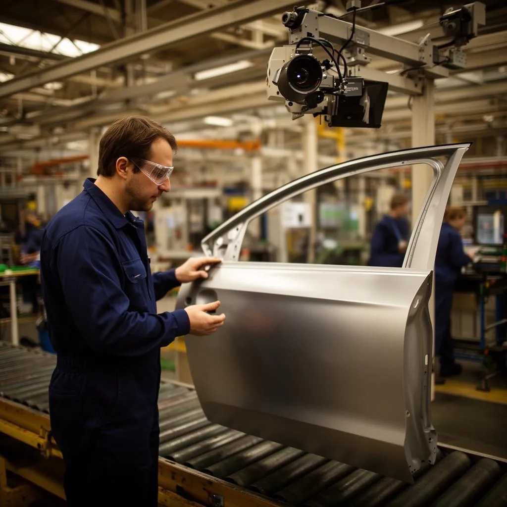 Automotive worker inspecting a car body panel on the assembly line