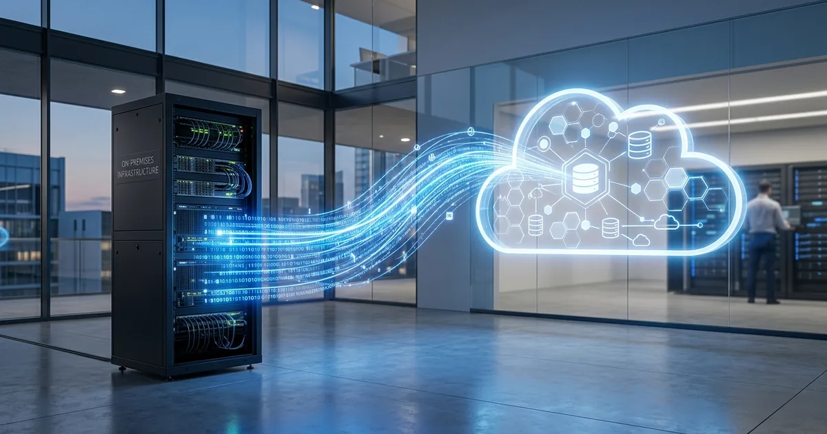 Dataströmmar som flödar från lokal server till molnarkitektur i modernt datacenter