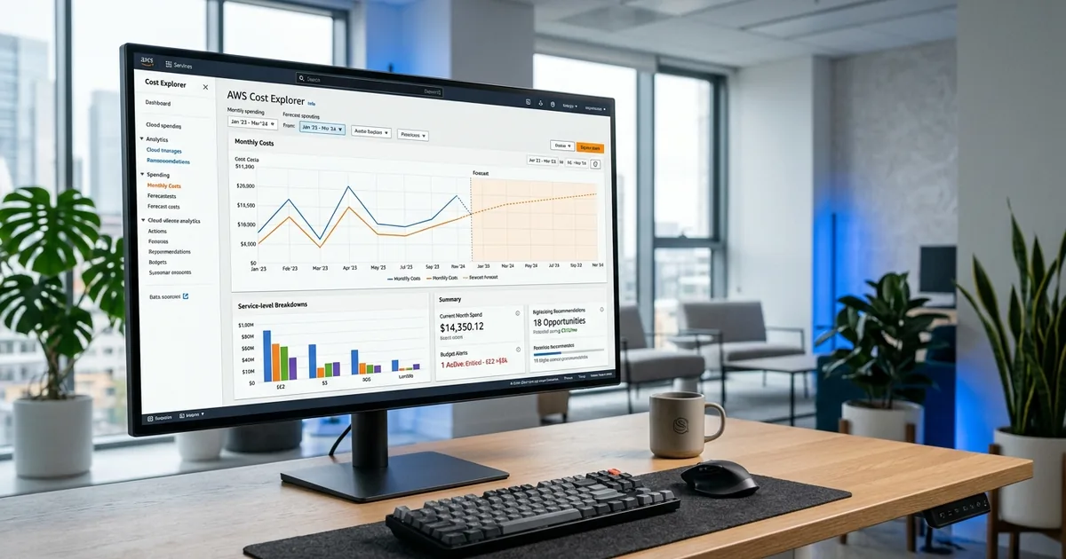 AWS Cost Explorer dashboard showing monthly cost trends, service-level breakdowns, and forecast projections for cloud spending analysis