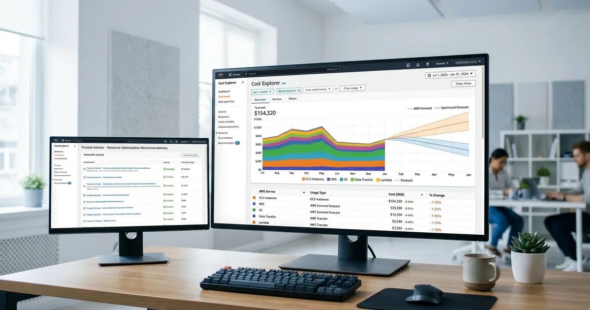 AWS Cost Explorer Dashboard mit Kostenanalyse-Diagrammen, Service-Aufschlüsselung und Prognoselinien auf zwei Monitoren