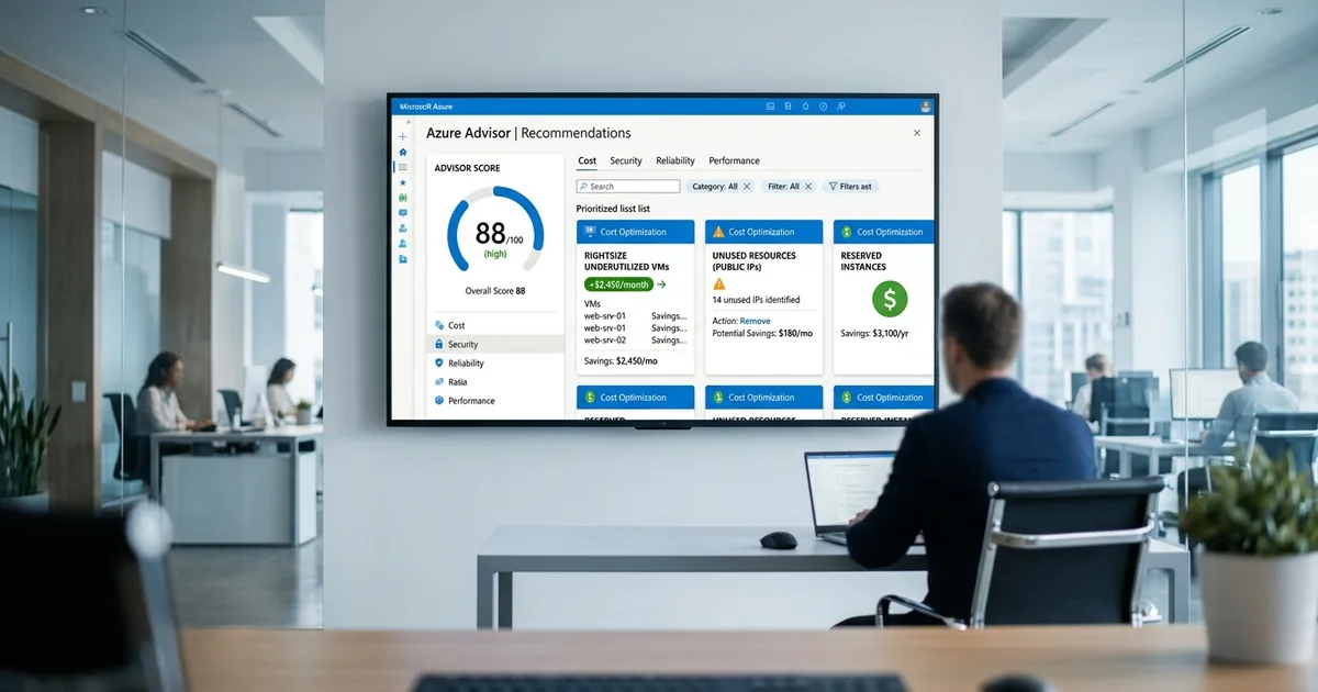 Azure Advisor recommendations dashboard showing cost optimization score, rightsizing suggestions, and unused resource alerts for cloud workloads