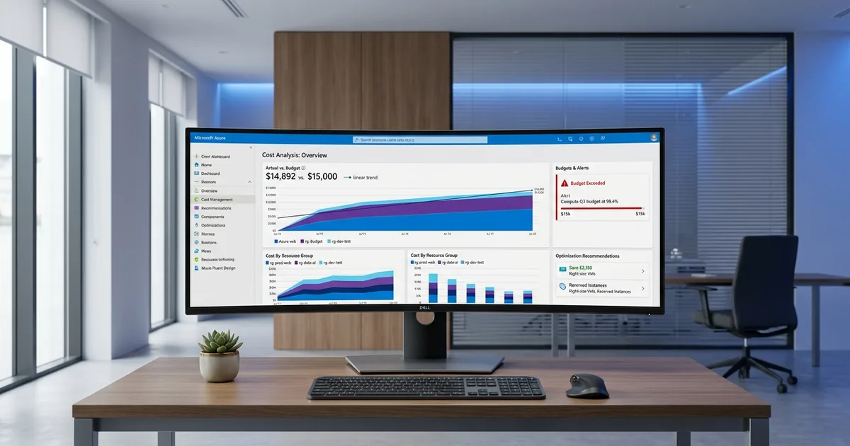 Azure Cost Management portal showing cost analysis overview with budget alerts, resource group spending breakdowns, and optimization recommendations