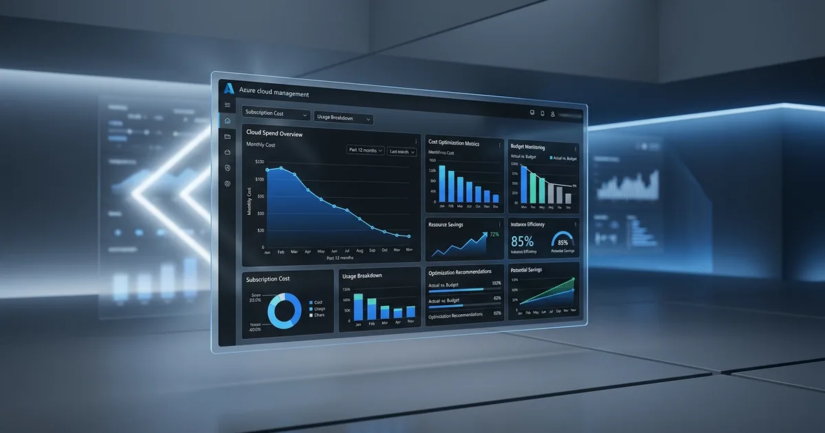 Azure Cost Management-instrumentpanel med budgetövervakning, kostnadsanalys och optimeringsrekommendationer i molnmiljö