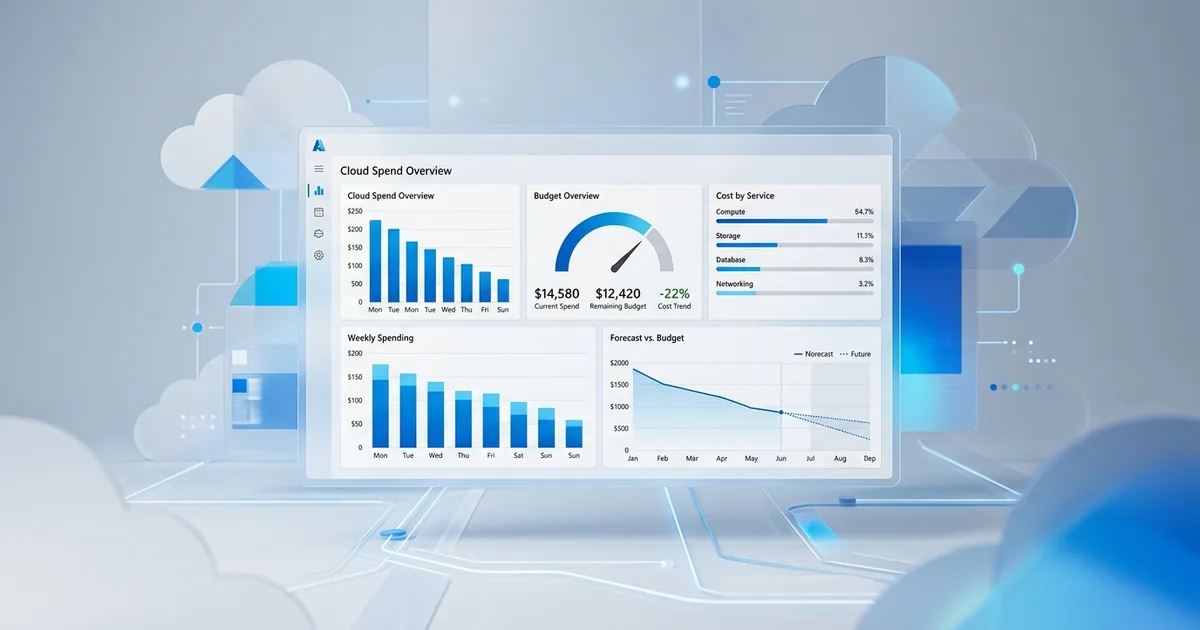 Azure Cost Management Dashboard mit Kostenanalyse, Budgetübersicht und Ausgabentrends für Cloud-Optimierung