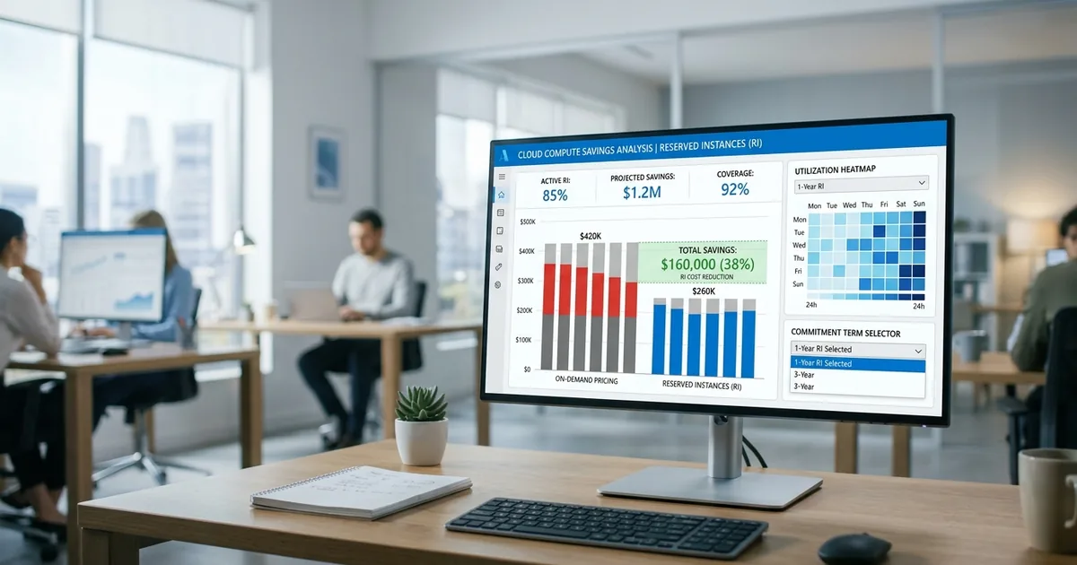 Cloud compute savings analysis comparing on-demand versus reserved instance pricing with utilization heatmap and cost reduction metrics