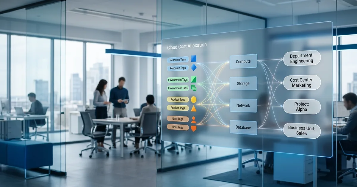 Cloud cost allocation flow diagram showing resource tags and labels mapping to departments and cost centers on a transparent office dashboard