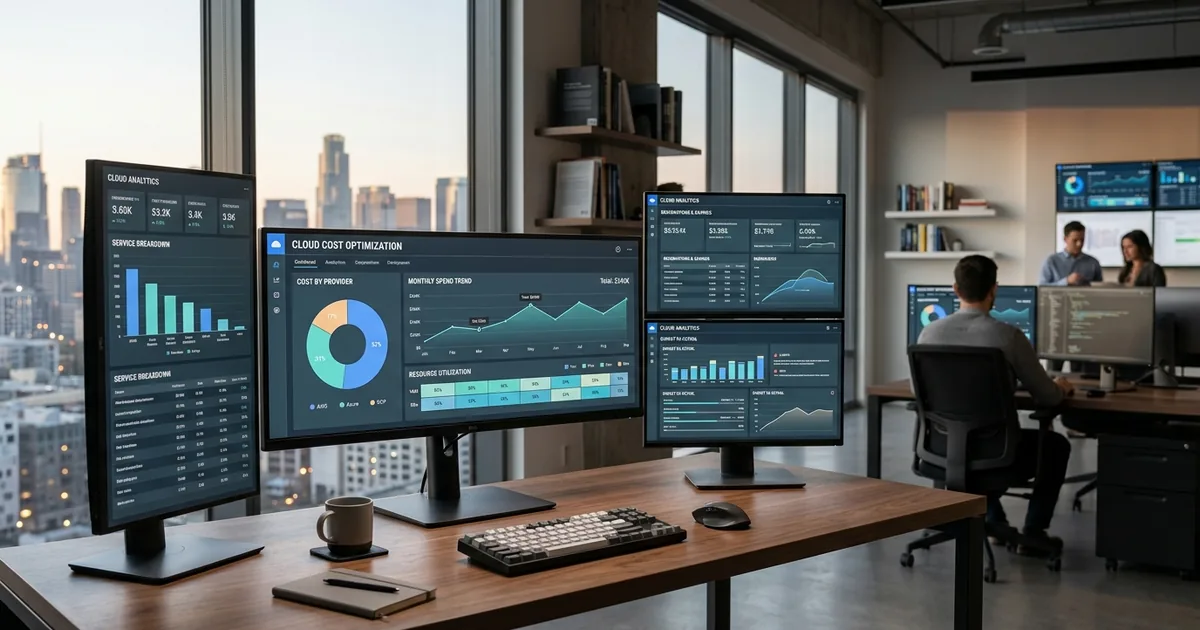 Multi-screen cloud cost analytics dashboard showing cost optimization metrics, provider breakdown, and resource utilization in a modern operations center