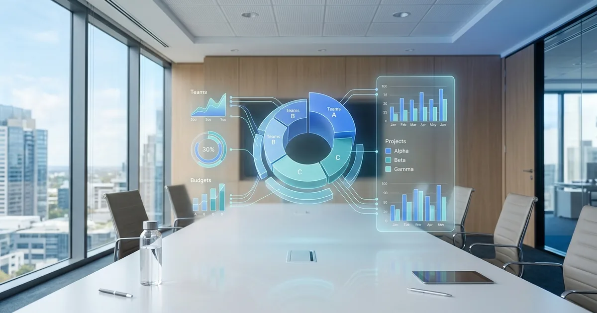 Holografisches Dashboard zur Cloud-Kostenallokation nach Teams und Projekten im modernen Konferenzraum