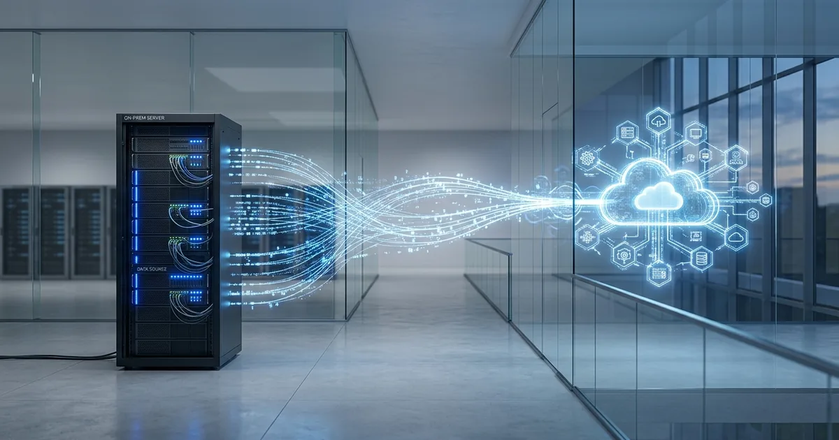 Dataströmmar som flödar från lokal server till molnarkitektur i modernt datacenter