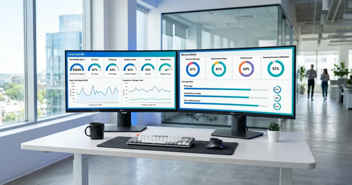 Cloud-Kosten-KPI-Dashboard mit Effizienz-Metriken, Coverage-Ratios und Kostentrend-Diagrammen auf zwei Monitoren