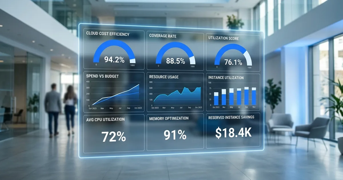 Holographic FinOps KPI dashboard showing cloud cost efficiency gauges, coverage rates, and utilization metrics