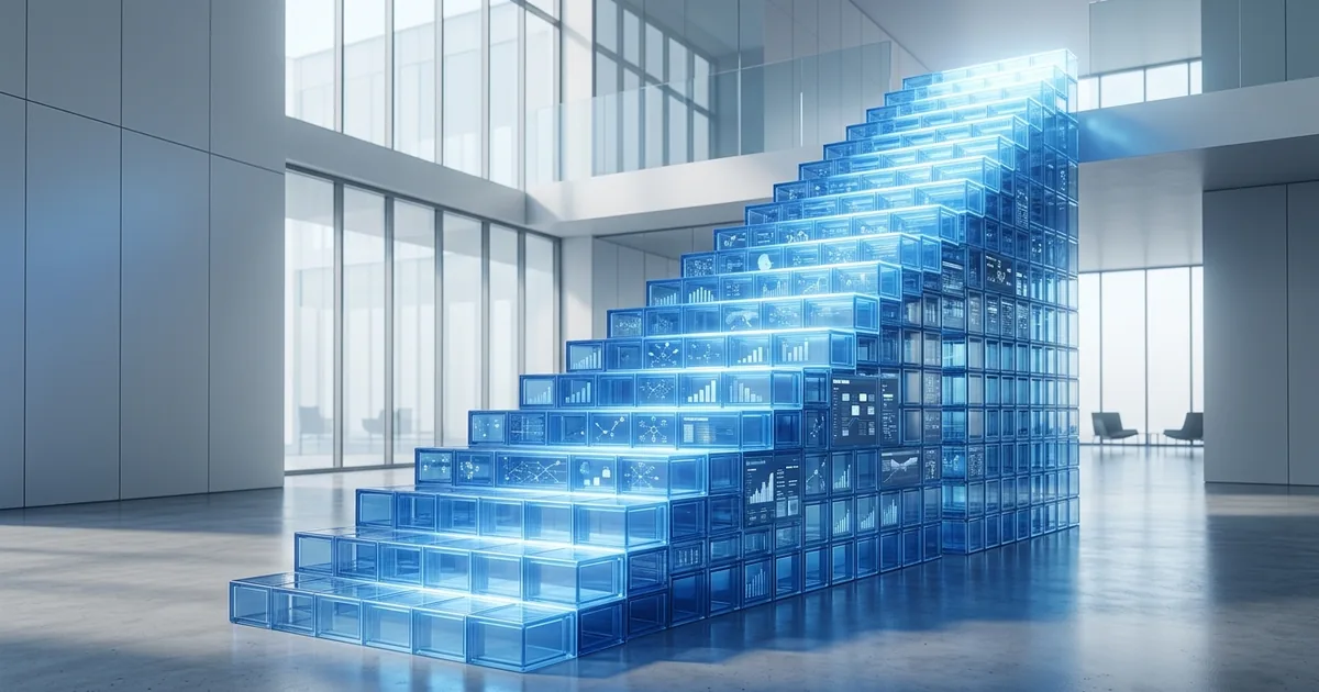 Ascending glass staircase visualization representing FinOps maturity levels with embedded data dashboards