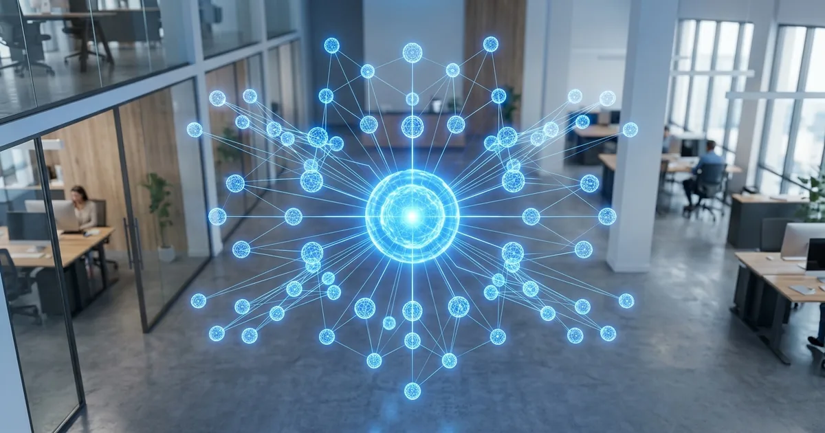 Interconnected organizational hub showing FinOps roles radiating from a central coordination point in a modern office