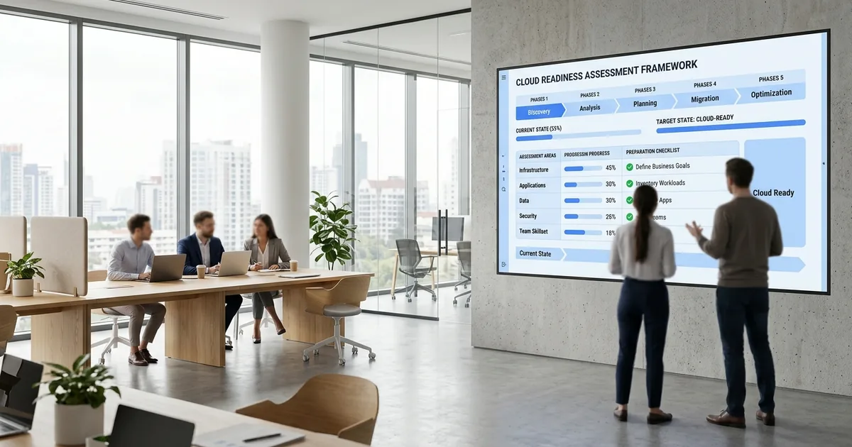 Interaktiv touchskärm som visar ramverk för molnberedskap med framstegsindikatorer