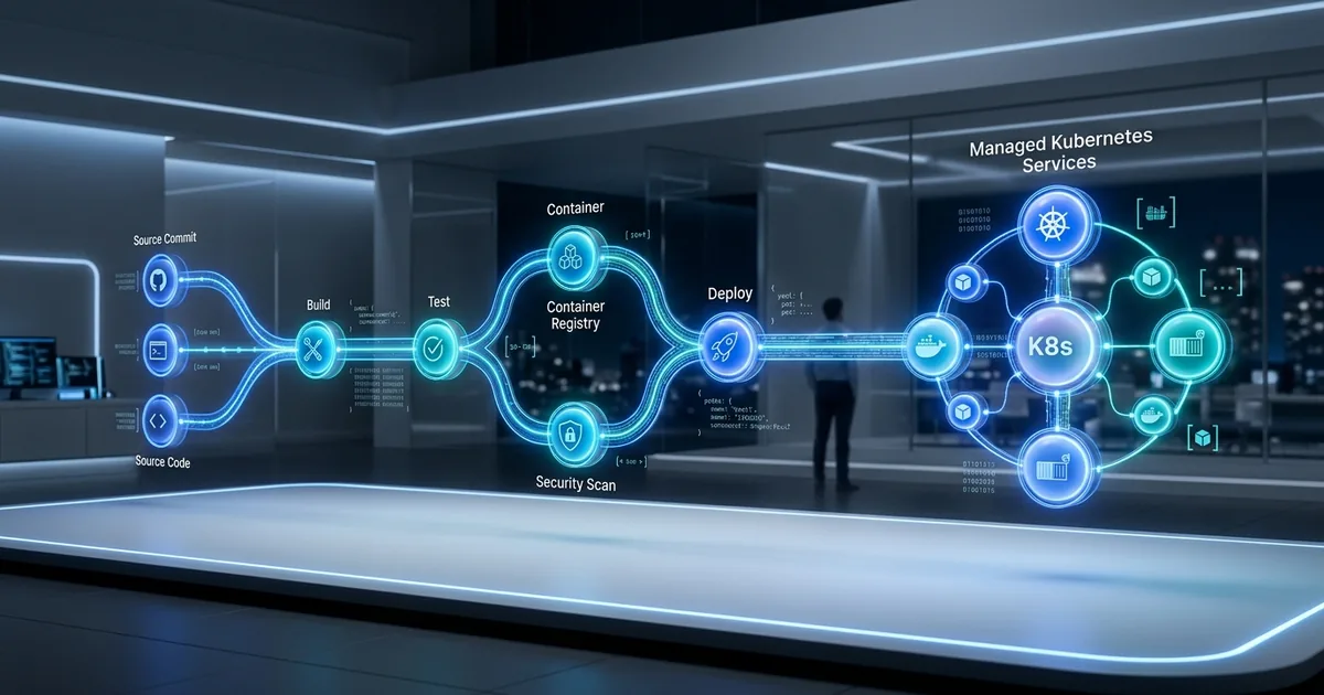 Modern molnteknik-illustration som visar automated deployment pipeline – kopplat till managerad kubernetes-tjänst