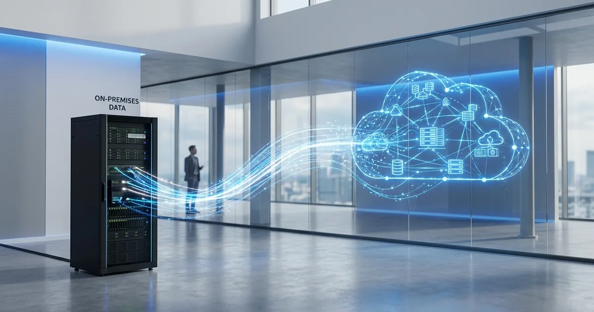 Dataströmmar som flödar från lokal server till molnarkitektur i modernt datacenter