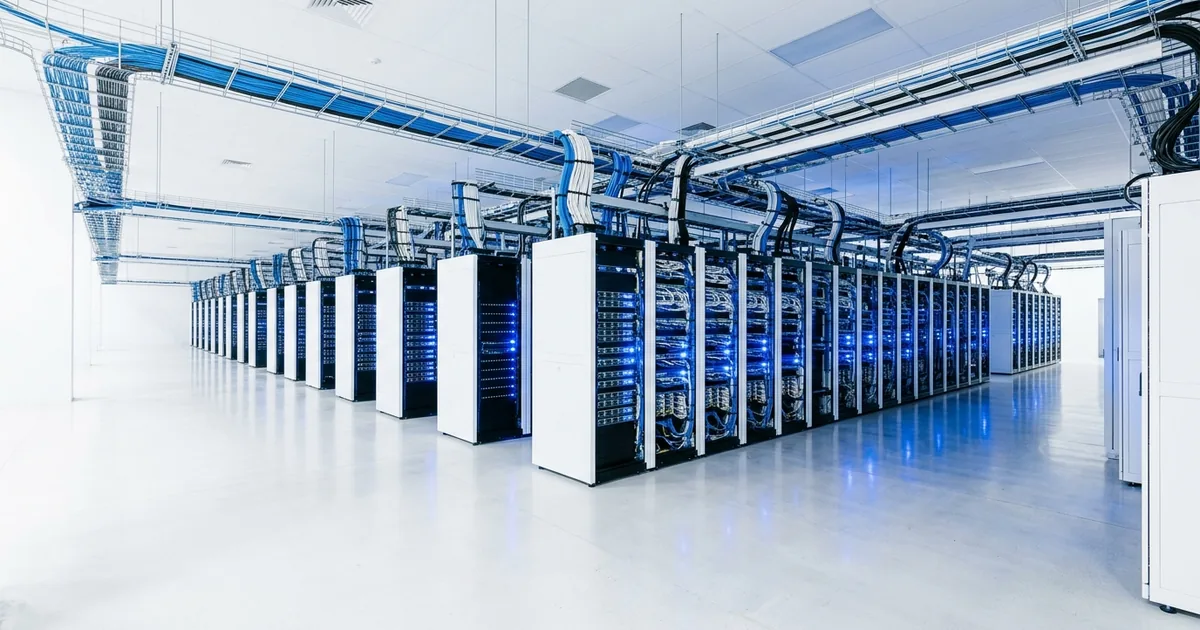 Modern molninfrastruktur med organiserad serverarkitektur och blå nätverksanslutningar