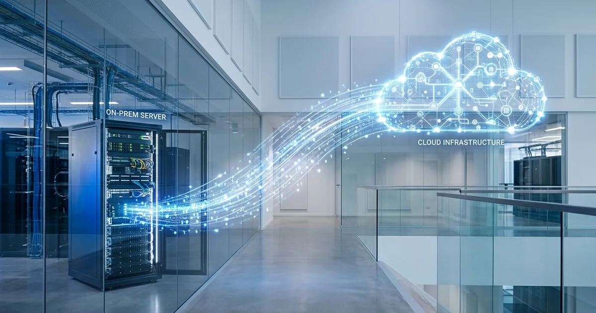 Dataströmmar som flödar från lokal server till molnarkitektur i modernt datacenter