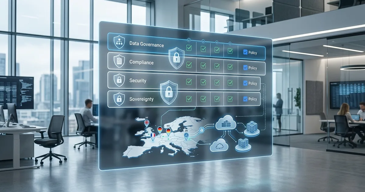 GDPR-compliance i molntjänster med datastyrning, säkerhetslager och europeisk datasuveränitet visualiserat i modernt kontor