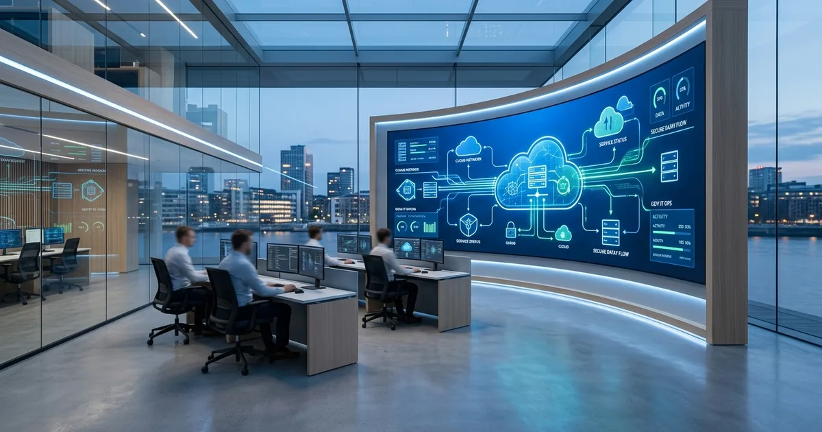 Modernt IT-operationscenter med molninfrastruktur-visualisering på stor skärm för säker hantering av offentliga molntjänster