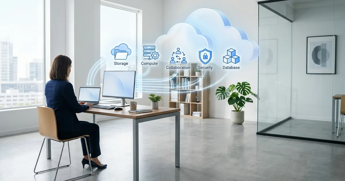 Småföretag som använder kostnadseffektiva molntjänster med lagring, beräkning och samarbetsverktyg i modern kontorsmiljö