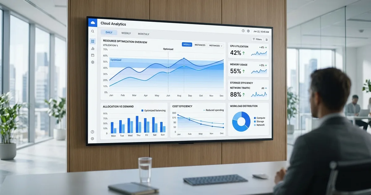 Modern analyspanel som visar optimerad resursallokering i molnmiljö