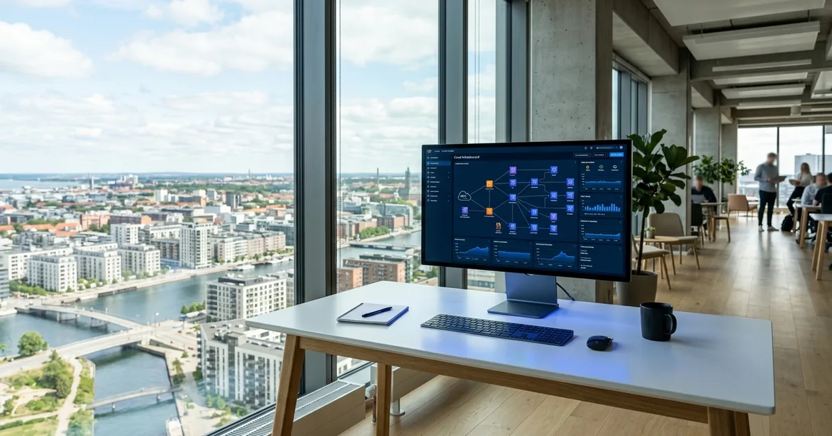 Molninfrastruktur-dashboard i modernt skandinaviskt kontor med utsikt över nordisk stad