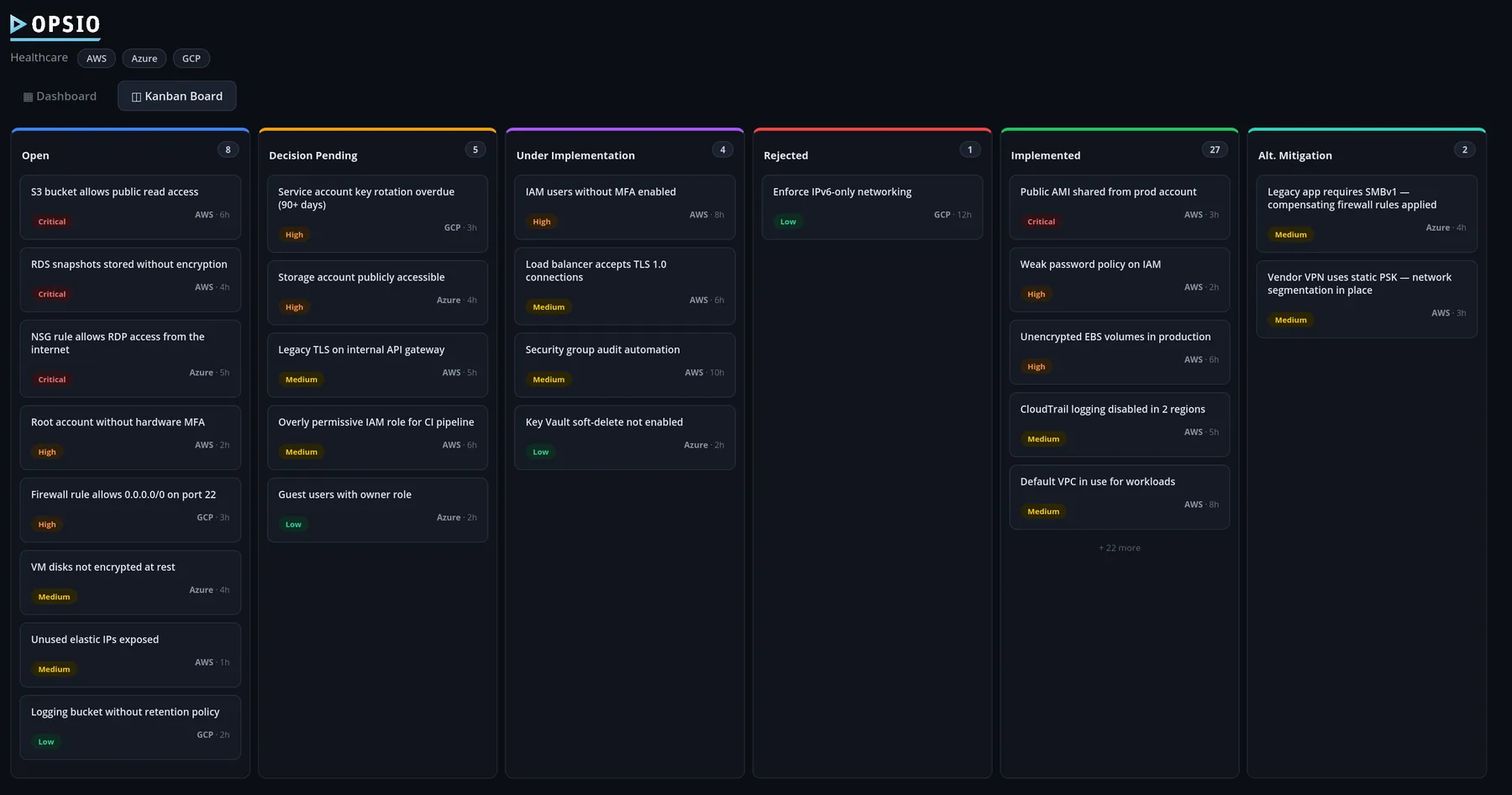 Opsio Shield — Kanban remediation board moving vulnerabilities through status columns
